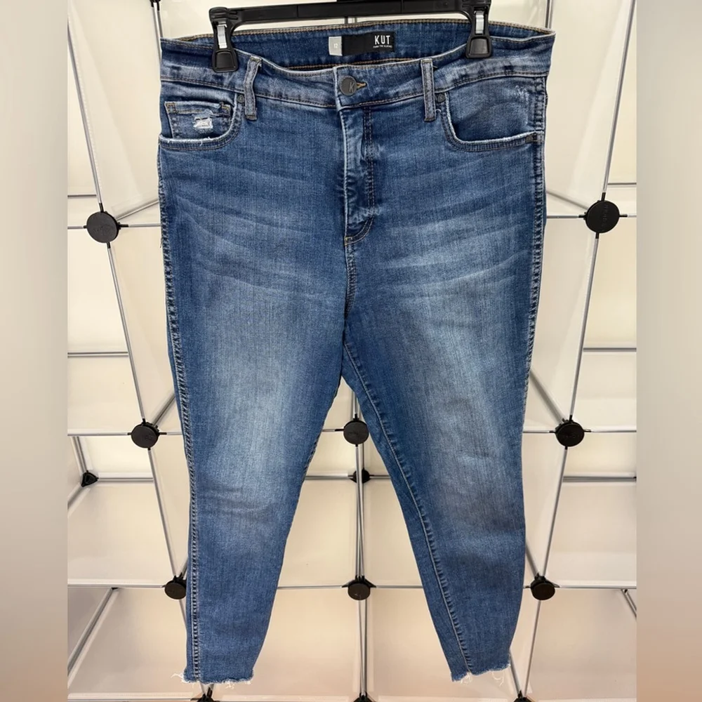 Kut from the Kloth High Rise Frayed-Hem Blue Denim Skinny Jeans Size 12